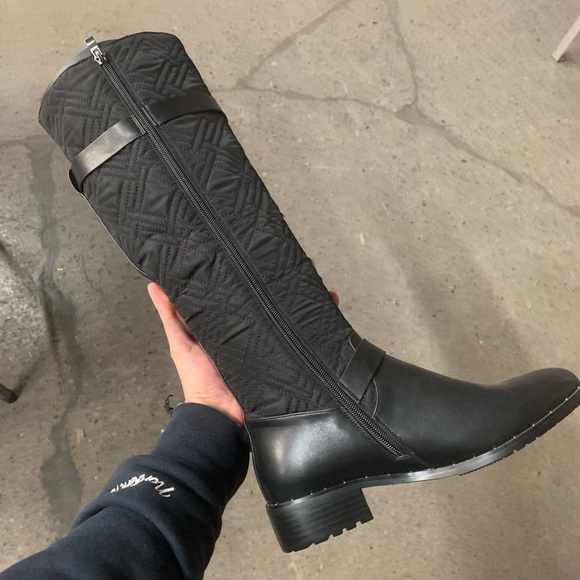 Buckle Detail Knee High Zip Lug Sole Boots in Black Faux Leather, Women’a - Picture 12 of 15